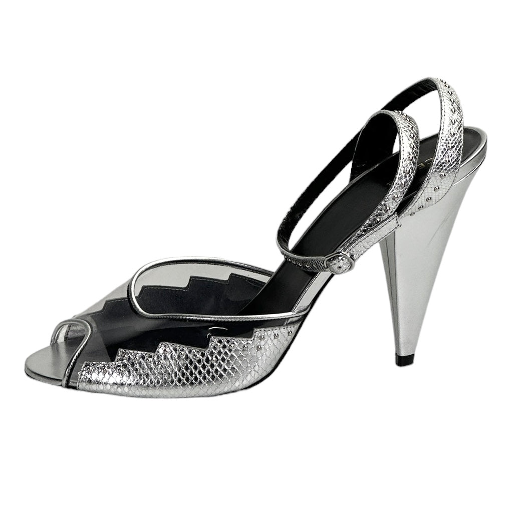 CELINE Hedi Slimane silver leather PVC heels / Silver