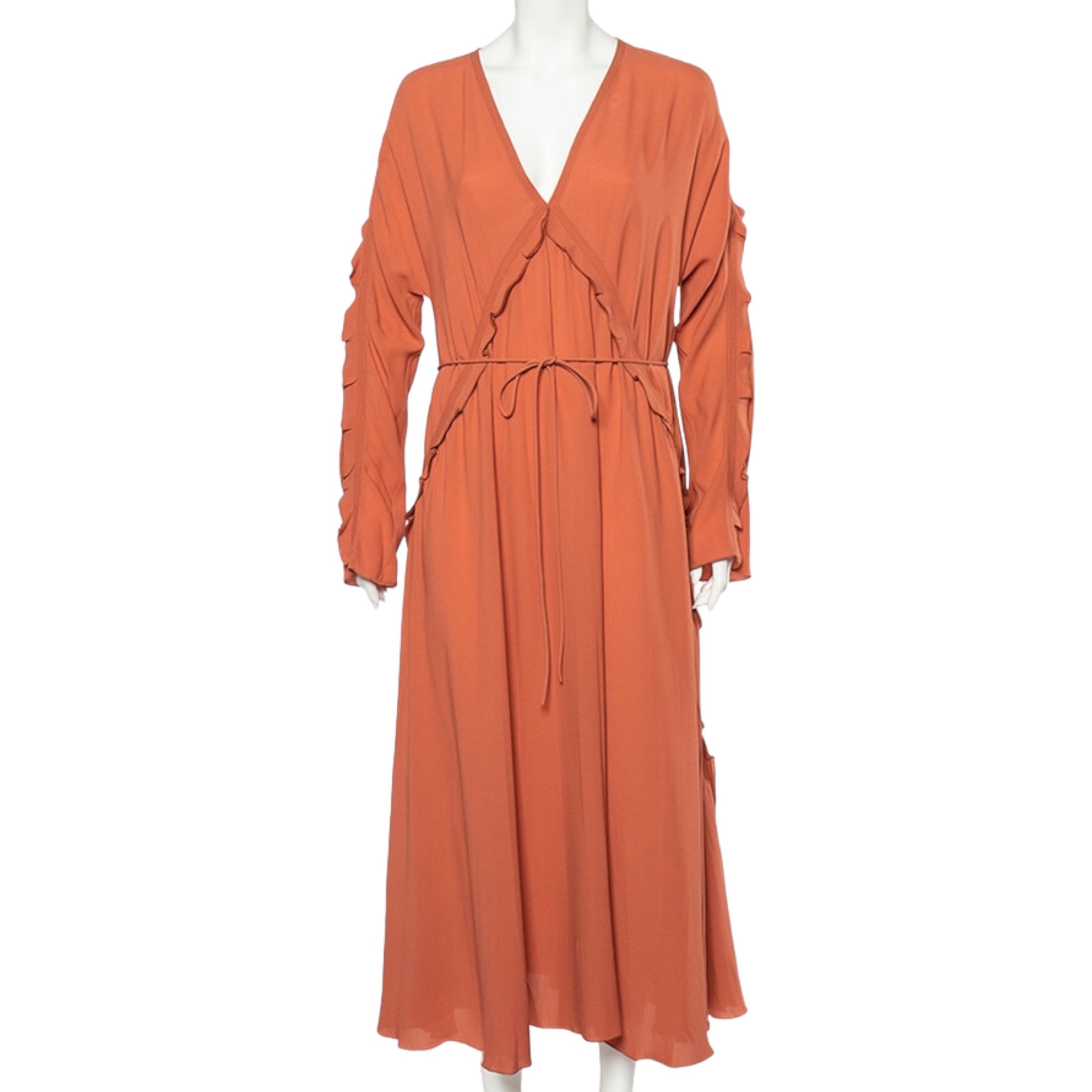 Bottega veneta Dusky Orange Silk Georgette Belted Fluid Maxi Dress