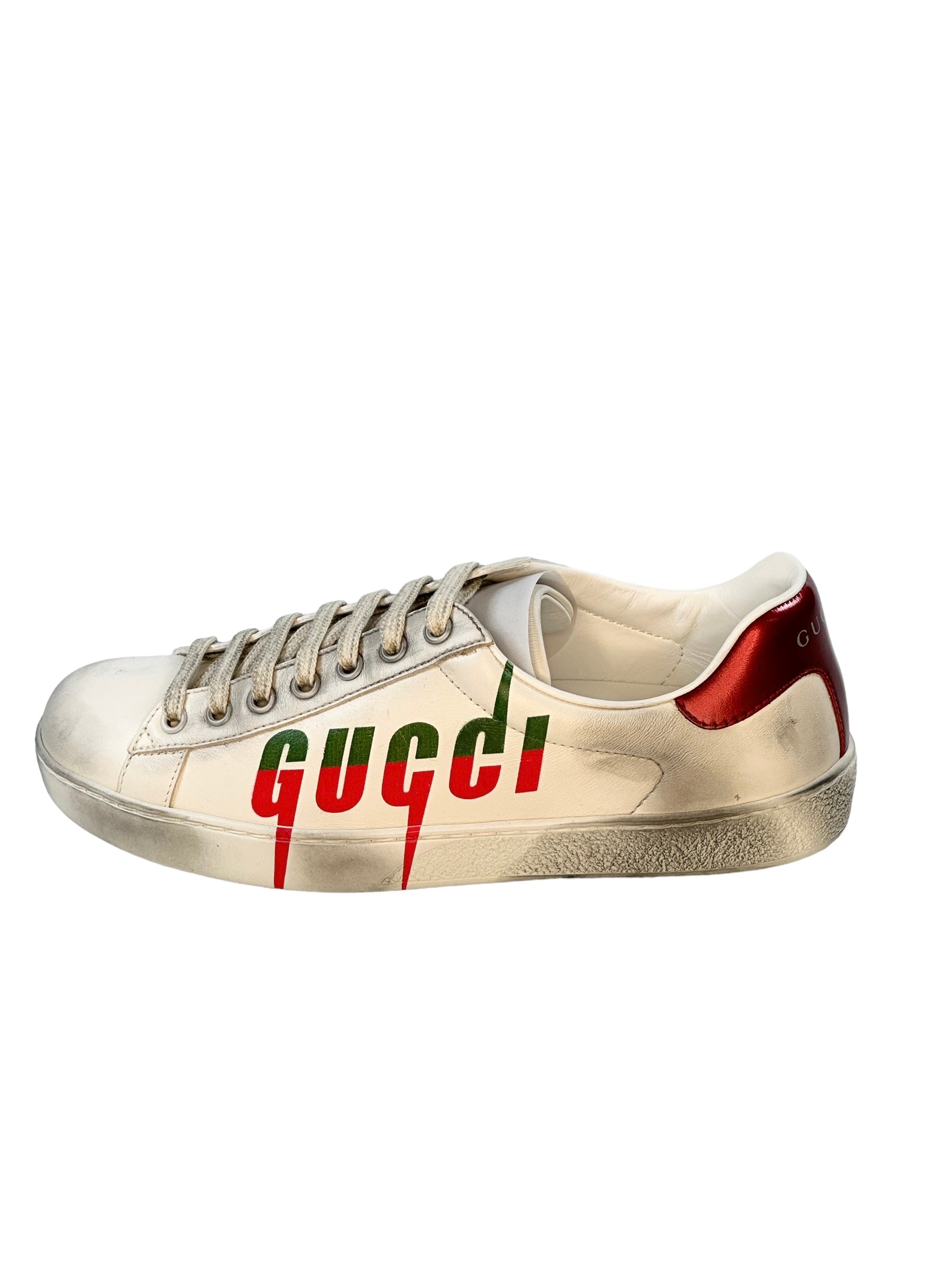 GUCCI Miro Soft Distressed Nappa Sneakers / White/Red