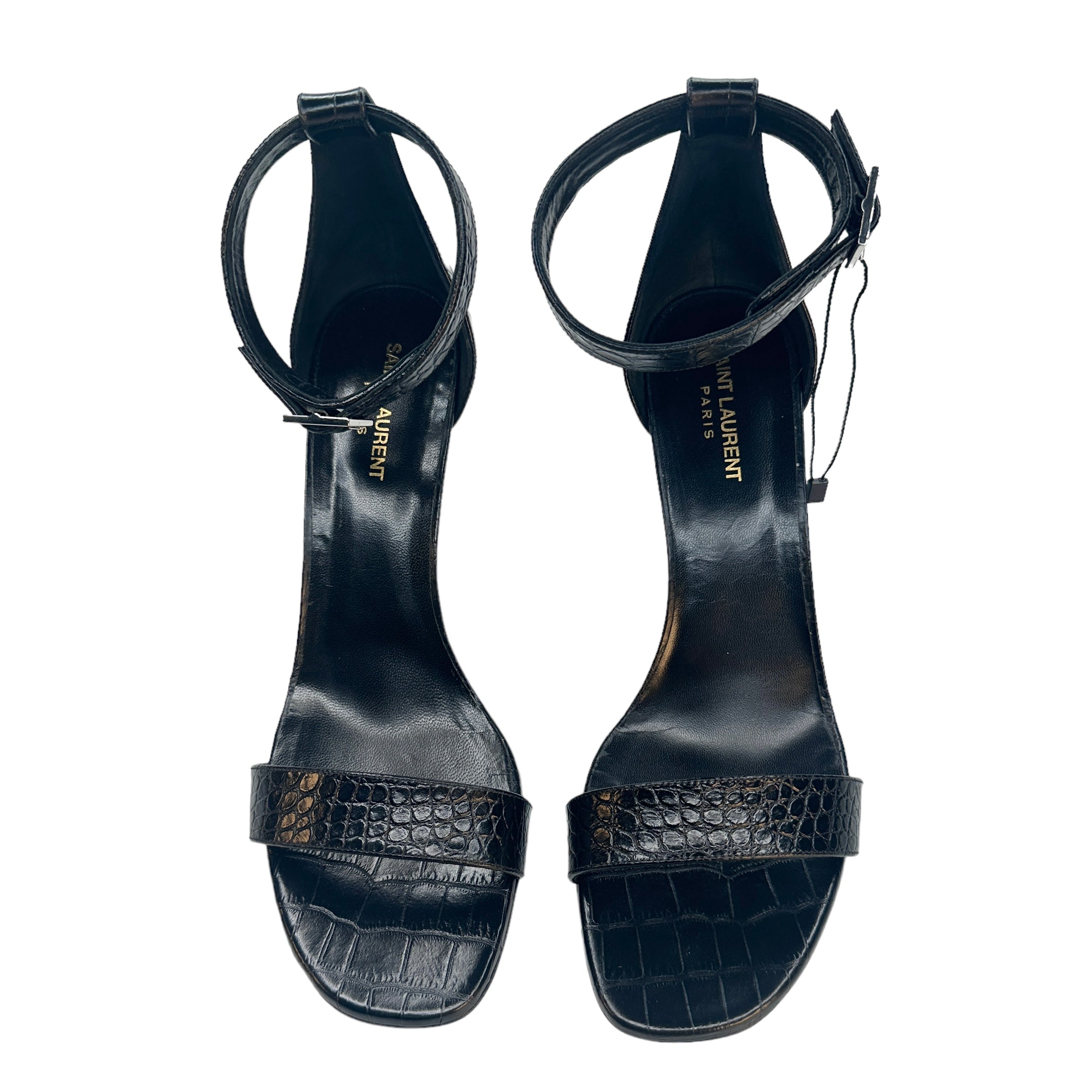 SAINT LAURENT Croc Leather Ankle Strap Heels / Black