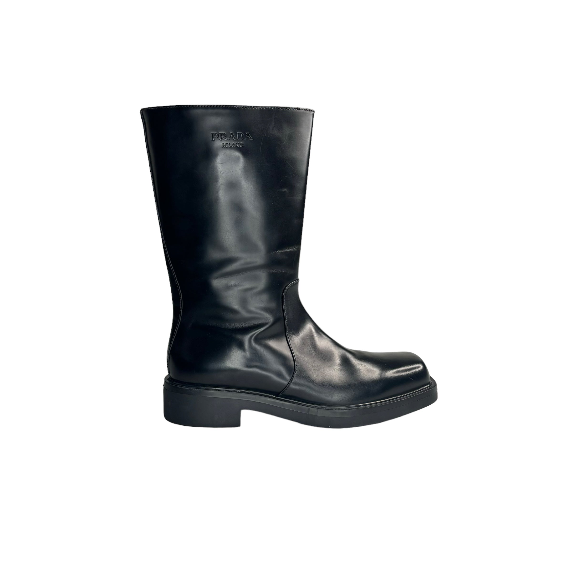 PRADA Debossed Logo Leather Boots / Black