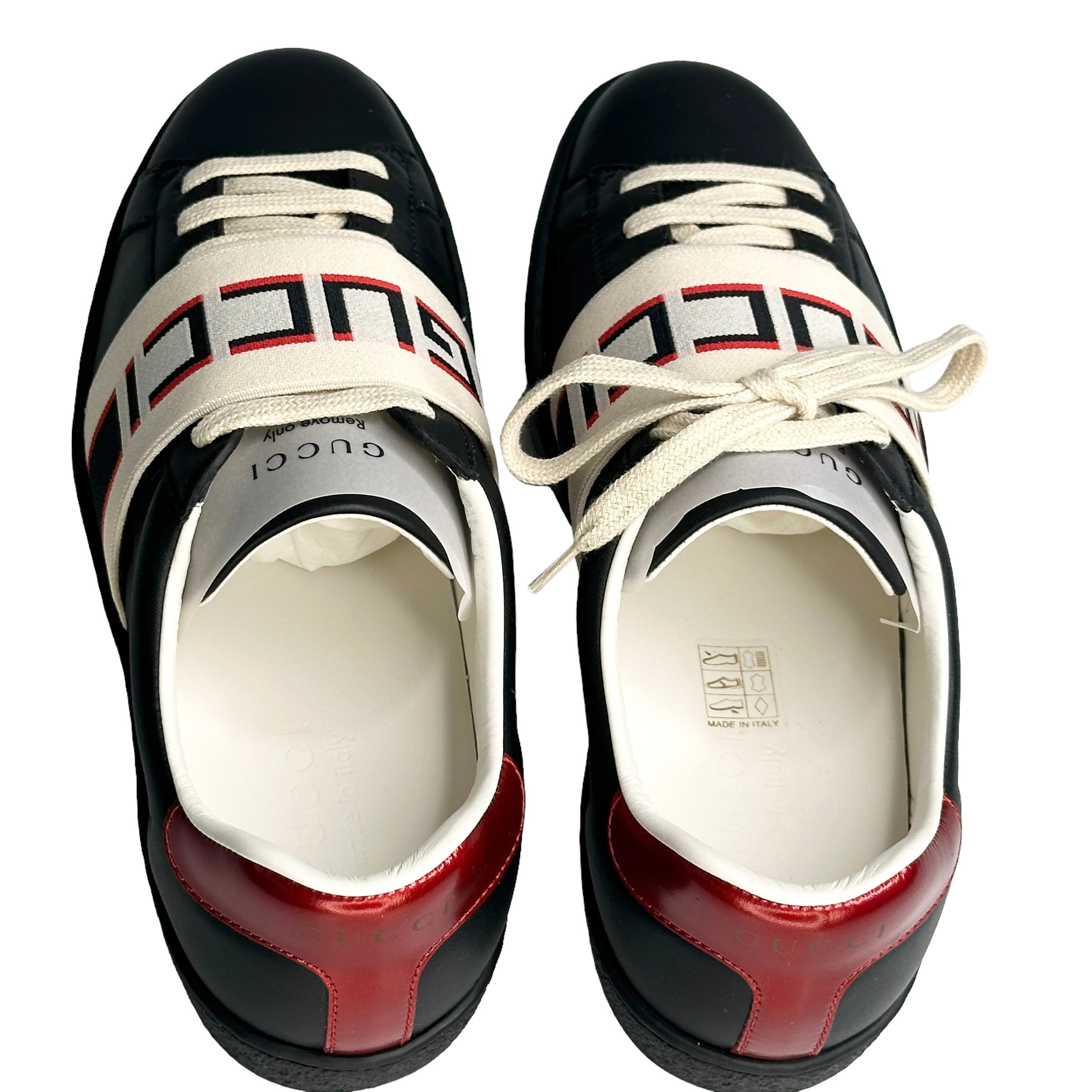 GUCCI Black Red And Cream Logo Stripe Leather Trainer